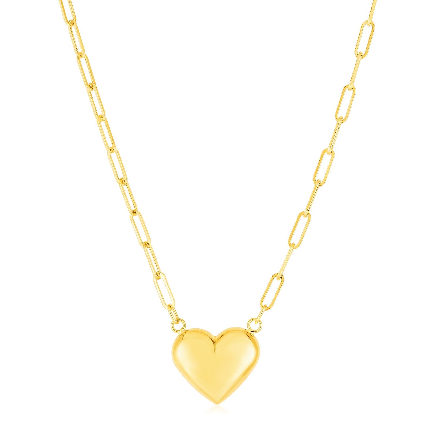 14k Yellow Gold Paperclip Chain Necklace with Puffed Heart in a sleek high-contrast midnight luxury editorial style